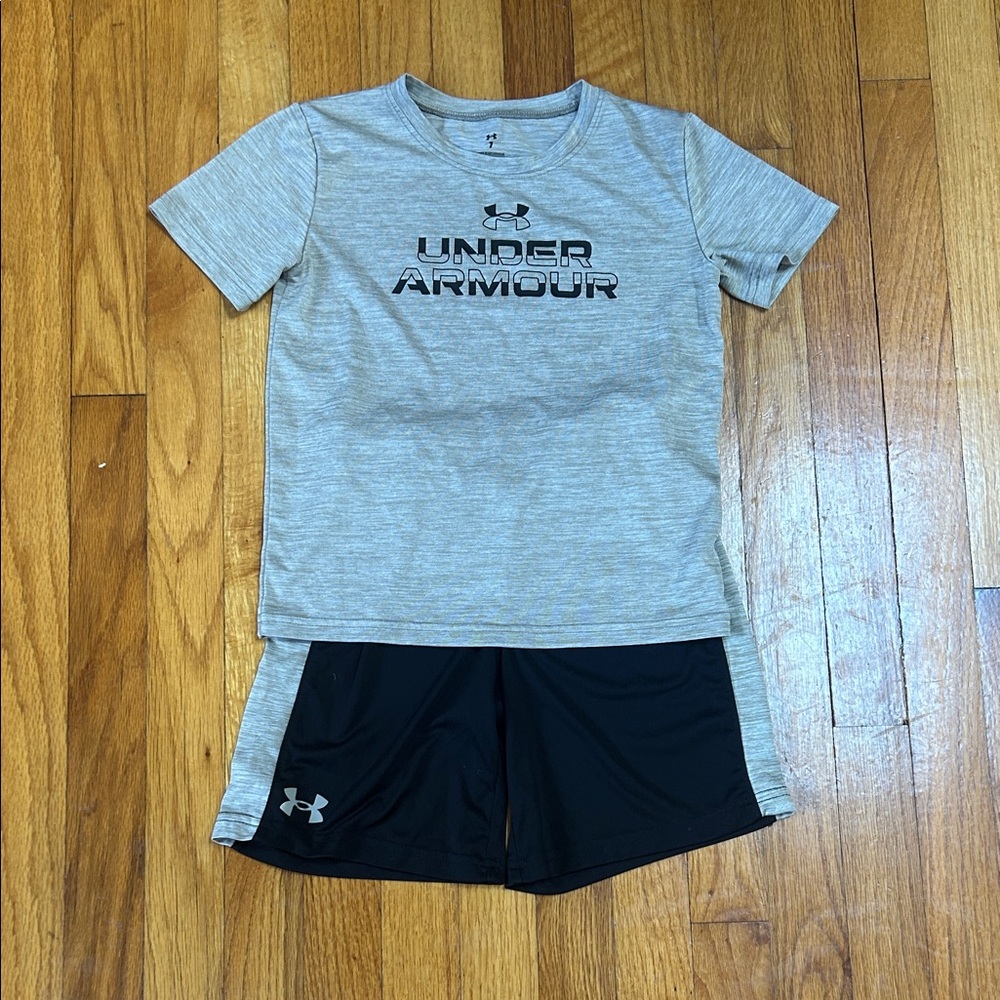 Kid’s Under Armour Heather Beige Tee and Black Shorts Set